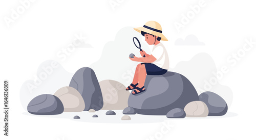 Illustration of a Curious Boy Exploring Rocks with a Magnifying Glass in Nature