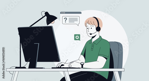 Illustration of a customer support agent working at a computer in an office setting
