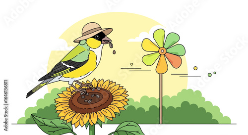 Illustration of a whimsical bird wearing a hat standing on a sunflower with pinwheel