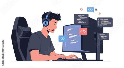 Illustrative depiction of a focused coder working on a computer project with headset