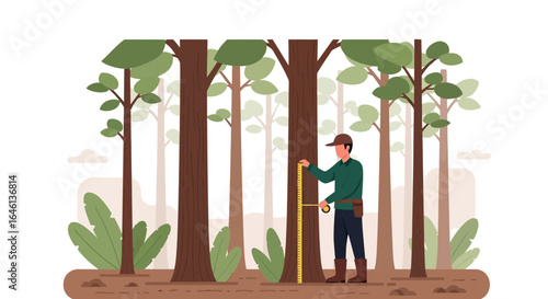 Illustrative depiction of a forester measuring trees in a lush green forest setting