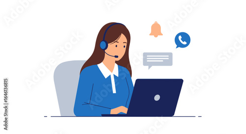 Illustration of a customer service representative working at a laptop, providing online support, and handling communication tasks
