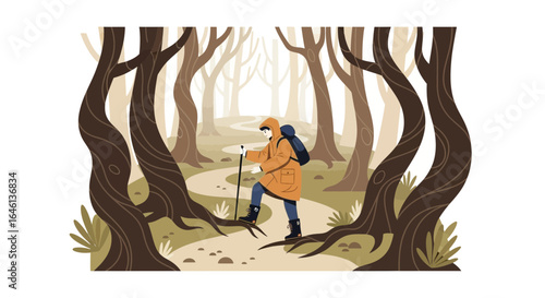 Illustrative depiction of a hiker traversing a winding path in an autumnal forest landscape