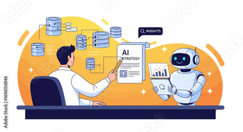 Illustrative depiction of a man developing AI strategies with the aid of a robot assistant in a modern office setup