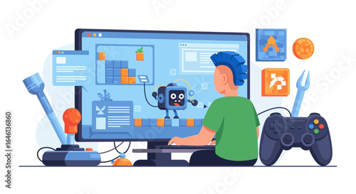 Illustrative depiction of a person developing a video game on a computer using various tools and assets