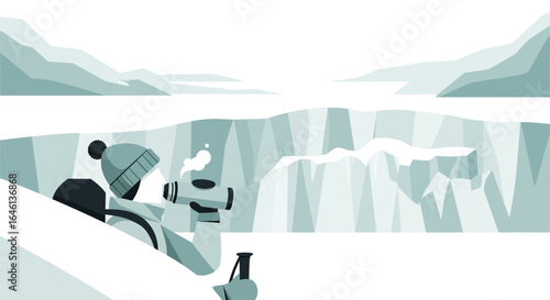 Illustrative depiction of a person holding a hot beverage in a snowy landscape