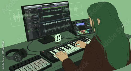 Illustrative depiction of a music creator in a modern studio environment using software