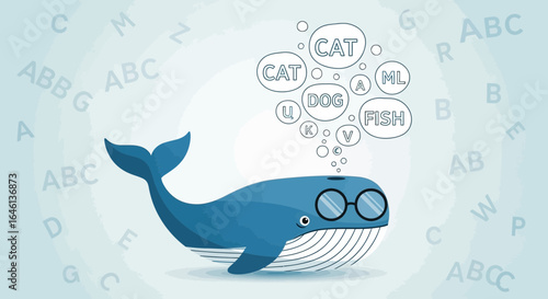 Illustration of a whimsical whale wearing glasses with word bubbles and alphabet background
