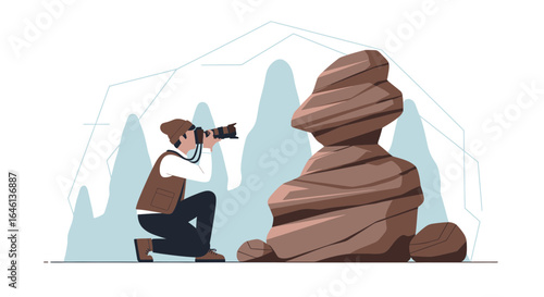 Illustrative depiction of a photographer capturing a unique rock formation amidst nature