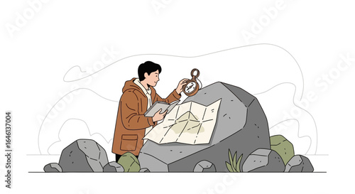 Illustrative depiction of a traveler navigating with a map and compass outdoors exploration adventure