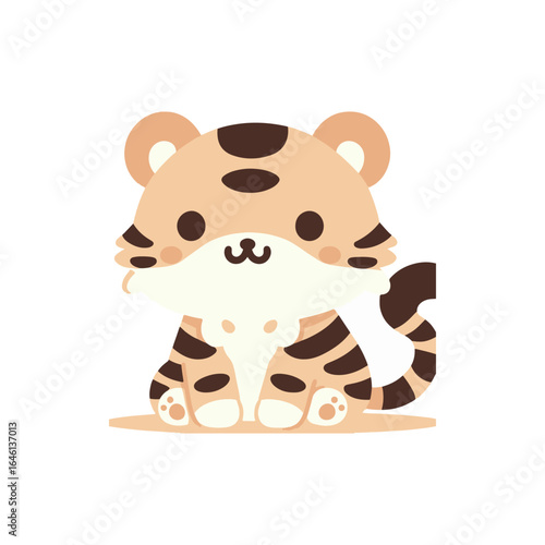 Cute cartoon tiger character sitting on a white background, showcasing playful and friendly demeanor