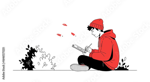 Illustrative depiction of a young artist sketching outdoors with a minimalist style in red and black isolated on white for creative projects