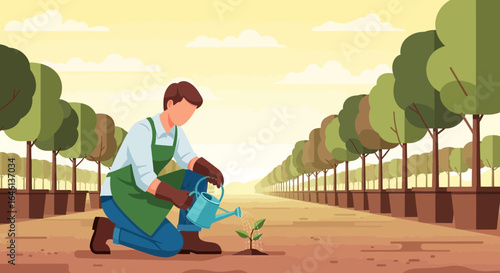 Illustration of a dedicated gardener nurturing a young plant amidst a tree farm oasis