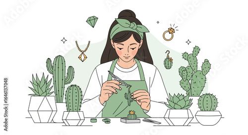 Illustration of a woman crafting jewelry with cacti and gemstones around her artistic creation