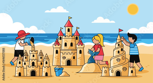 Illustrative depiction of children building sandcastles on a sunny beach landscape