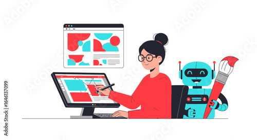 Illustration of a designer working on a website with assistance from AI and robot innovation
