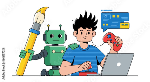 Illustrative depiction showcasing a young designer with a robot friend enhancing digital creation