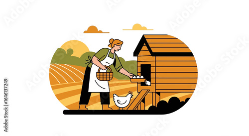 Illustration of a farmer collecting eggs from a chicken coop on a farm landscape with a chicken