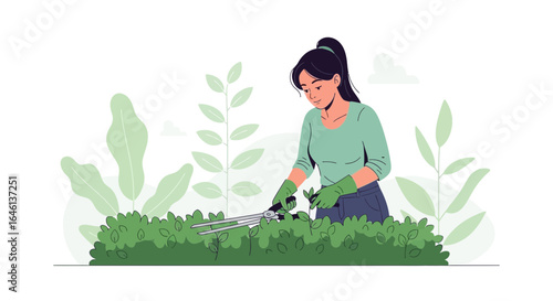 Illustration of a woman gardening and trimming a bush with gardening shears outdoors showcasing home and garden lifestyle and hobby activity