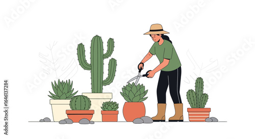 Illustration of a woman gardening succulents and cacti, showcasing plant care and indoor gardening with a collection of potted plants
