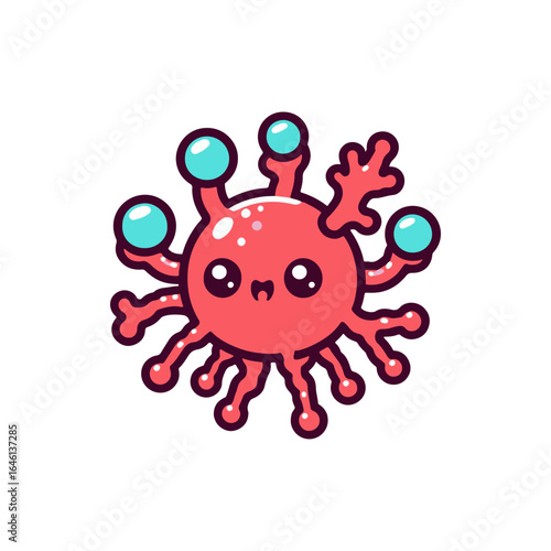 Cute cartoonish microorganism with colorful appendages and a joyful expression, isolated on white