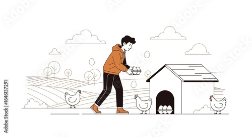 Illustration of a farmer collecting eggs from a chicken coop on a farm setting showing agriculture and farm life in a conceptual design