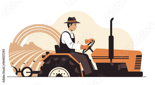 Illustration of a farmer driving a tractor in a field, showcasing agricultural work and rural lifestyle in a minimalist style