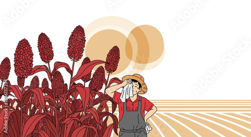 Illustrative farmer wiping sweat brow in sorghum field depiction of labor and toil