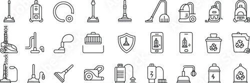 Vacuum cleaner and cleaning icons upright, canister, backpack, cordless, robotic, attachments, recycling bin, mobile control, and safety shield