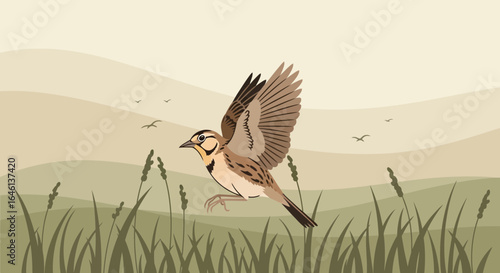 Illustrative meadowlark bird soaring above a grassy field with muted earth tones