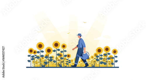 Illustrative man with a watering can strolling through a vibrant sunflower field bathed in sunlight creating a peaceful scene