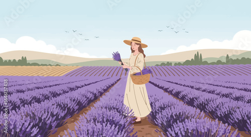 Illustration of a woman harvesting lavender in a picturesque field setting with a soft color palette creating a serene and idyllic atmosphere