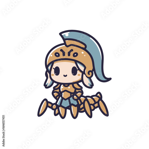 Cute character illustration of a scorpion-themed warrior in a playful pose, set against a simple background