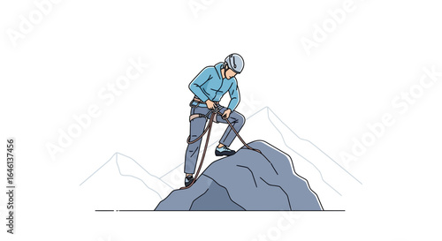 Illustrative Mountain Climber Ascending Peak Preparing Ropes For Descent