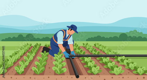 Illustration of a farmer installing irrigation system in vegetable field under blue sky conveying sustainable agriculture and efficient farming techniques