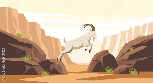 Illustrative portrayal of a mountain goat leaping across rocky terrain in canyon landscape
