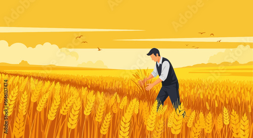 Illustration of a farmer harvesting wheat in a golden field during the day