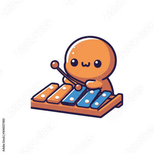 Cute character playing a colorful xylophone, creating joyful music in a vibrant setting
