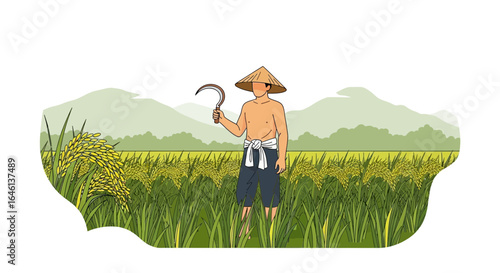 Illustration of a farmer in a rice field with traditional hat and sickle symbolizing harvest season and agricultural practices in rural asia