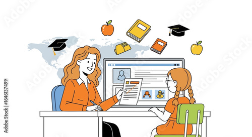 Illustrative online tutoring session with teacher and student for remote learning and educational assistance programs