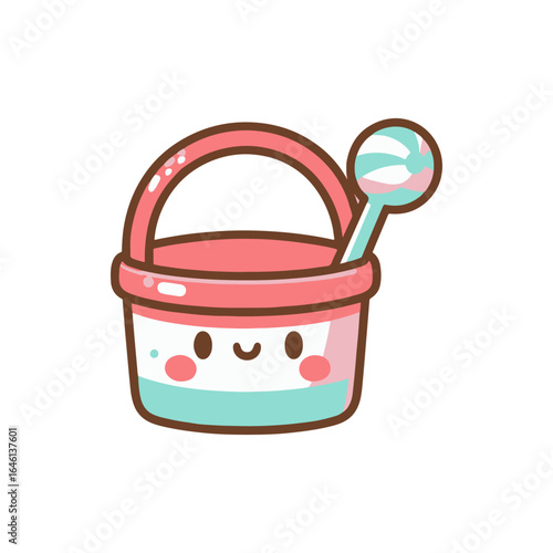 Cute pastel-colored bucket with a smiling face and a spoon, perfect for beach playtime
