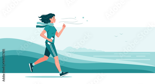Illustration of a woman jogging by the sea, promoting fitness and healthy lifestyle with beautiful scenery creating a sense of calm and well being
