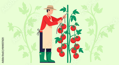 Illustration of a farmer tying up a tomato plant in the garden with a light green background image conveys a sense of rural life