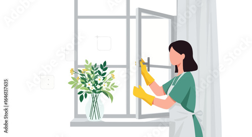 Illustration of a woman opening a window for ventilation and fresh air indoors