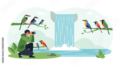 Illustrative scene of a man photographing birds near a waterfall landscape art