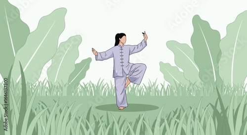 Illustration of a woman practicing Tai Chi in a serene outdoor environment with lush foliage representing peacefulness and balance