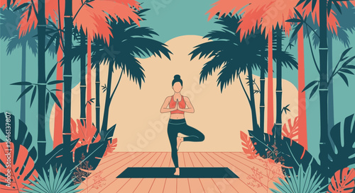 Illustration of a woman practicing yoga in a tropical setting with bamboo and palm trees providing a serene and exotic backdrop