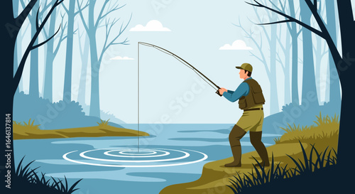 Illustration of a fisherman in a forest catching fish during outdoor recreation