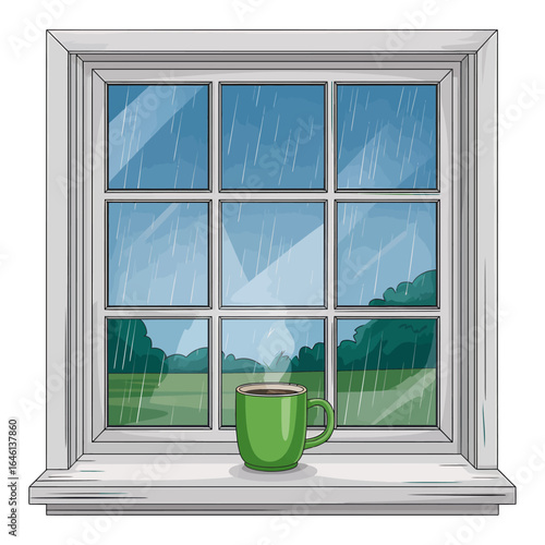 Cozy rainy day illustration with steaming coffee mug on windowsill overlooking blurred green landscape outside the window perfect for relaxation