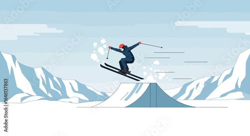 Illustrative skiing scene featuring a skier performing a jump in a winter landscape